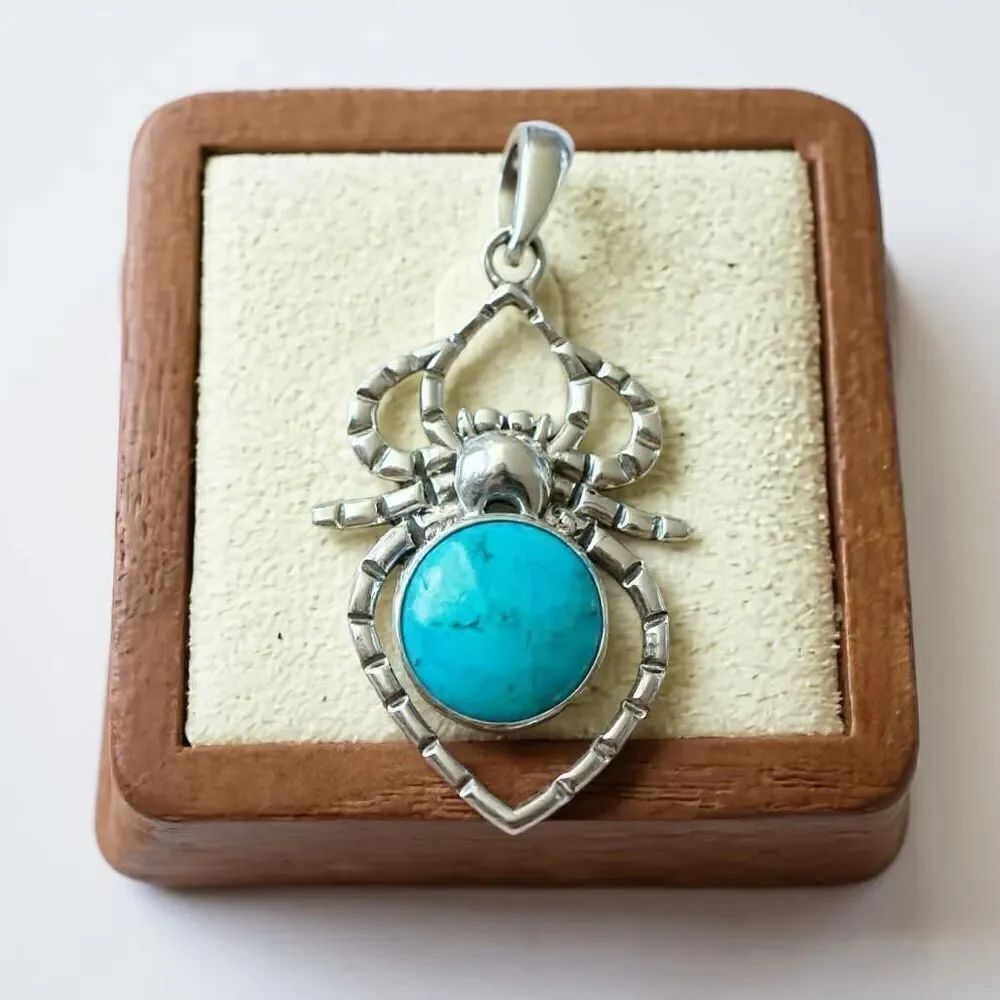 Round Turquoise Spider Pendant Necklace Sterling Silver Boho Southwestern New